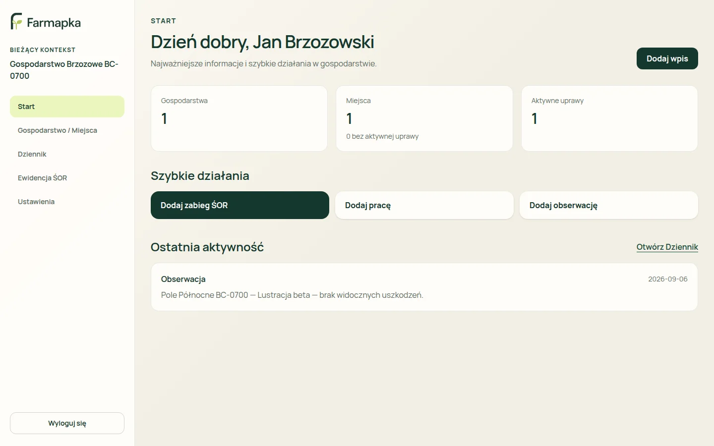Ekran Start Farmapki z podsumowaniem jednego gospodarstwa, miejsca i aktywnej uprawy oraz skrótami do zabiegu ŚOR, pracy i obserwacji.